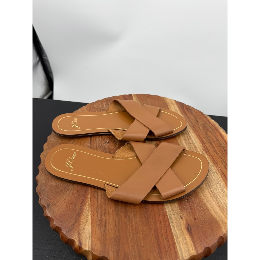 J.Crew Cross-Strap Slide Sandals Women 9 Tan Leather Flat Made in Italy